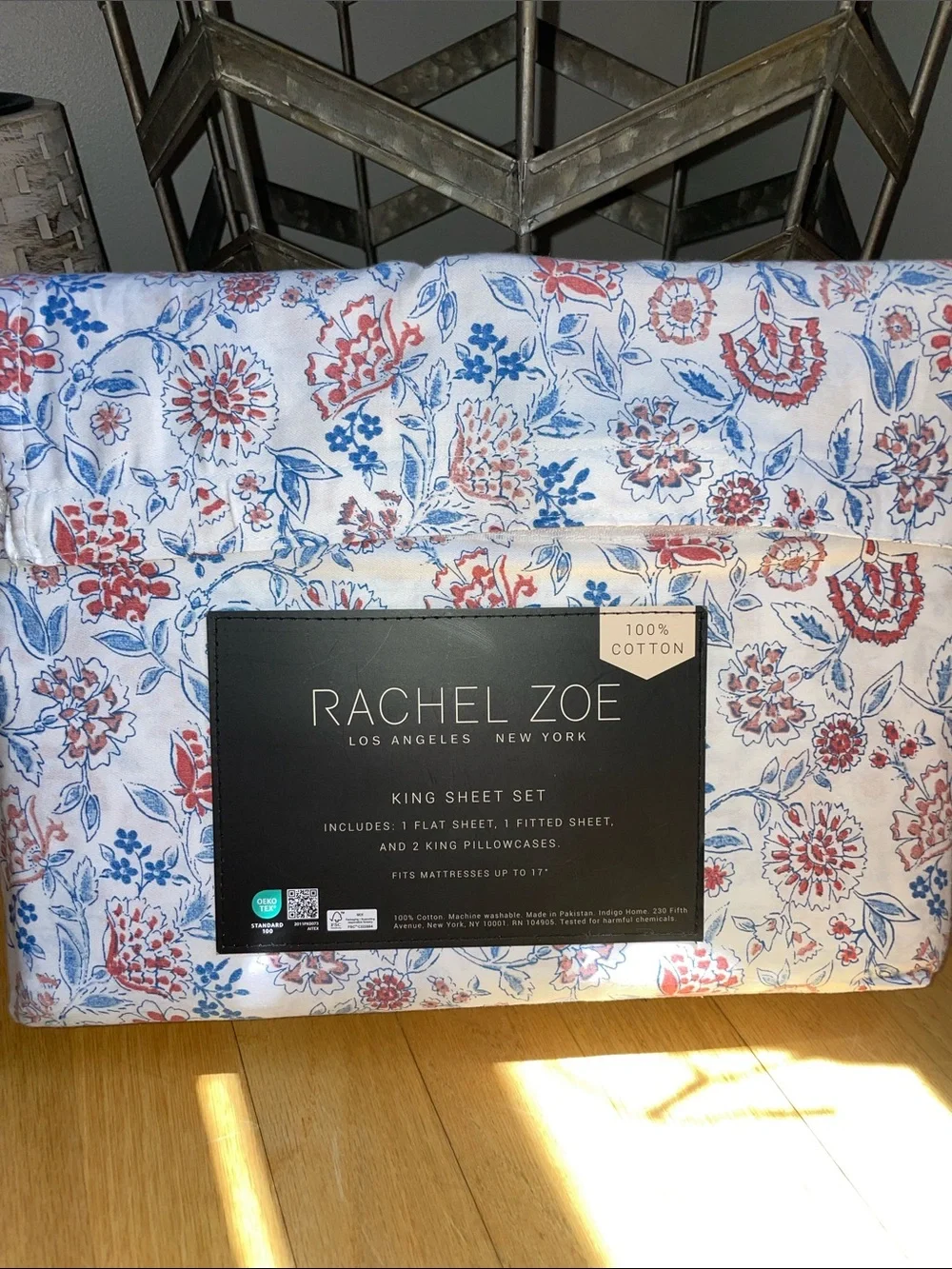 Rachel Zoe Floral King Sheet Set in Red and Blue floral on white background